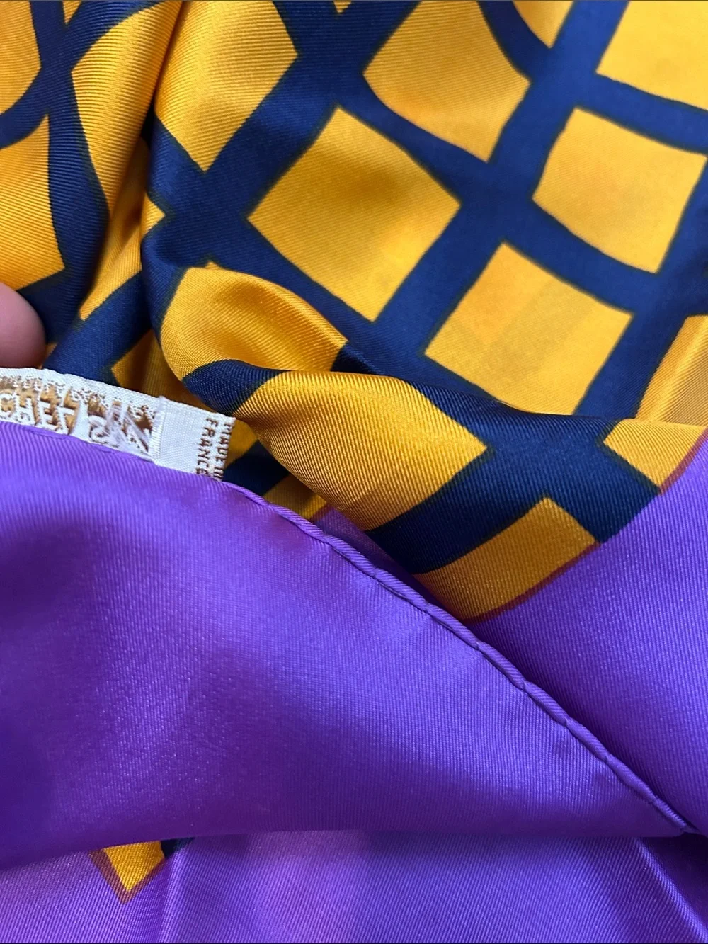 VTG Michel Swiss Purple and Yellow Grid Silk Scarf made in France square
